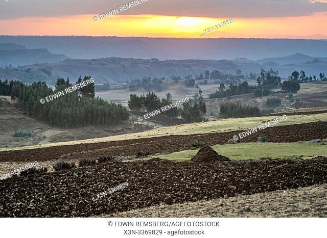 The sun setting over the mountains and valleys of Debre Berhan, Ethiopia