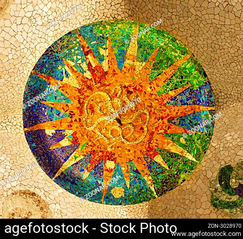 mosaic on the ceiling of the Hypostyle Hall in Parc Guell in Barcelona