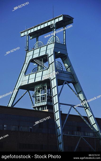 Shaft tower, double strut tower, winding tower, former Ewald colliery, Herten, Ruhr area, North Rhine-Westphalia, Germany, Europe