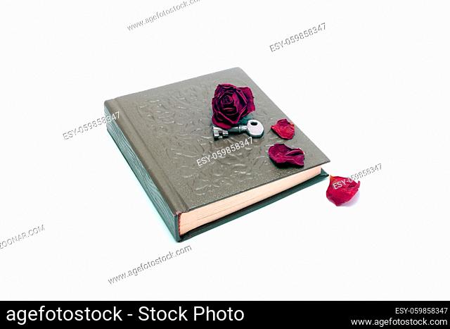 Dried rose with a key on the old book