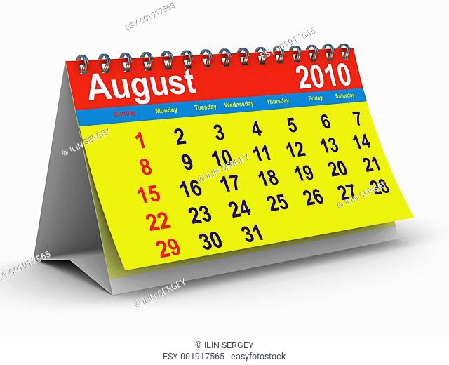 2010 year calendar. August. Isolated 3D image