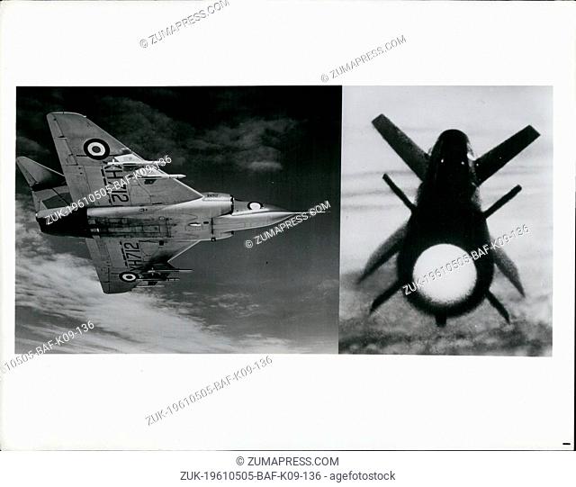 May 05, 1961 - Fiery firestreak and its flying platform ?¢‚Ç¨‚Äú Two photographs show the de Havilland Firestreak, infra-red target homing weapon of both...
