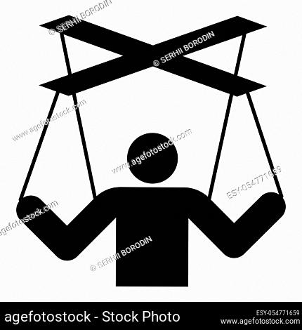 Human manipulation concept Puppet stick man manipulating on string Dependence theme Control people Management executive idea icon black color vector...