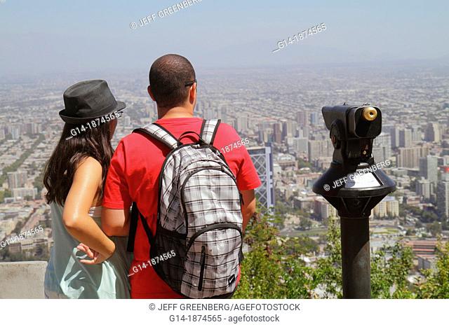 Chile, Santiago, Cerro San Cristobal, Terraza Bellavista, view from, Providencia, scenic overlook, city skyline, building, skyscraper, distance, street grid