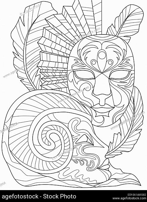 Coloring Book Page With Detailed Carnival Mask With Feather Around