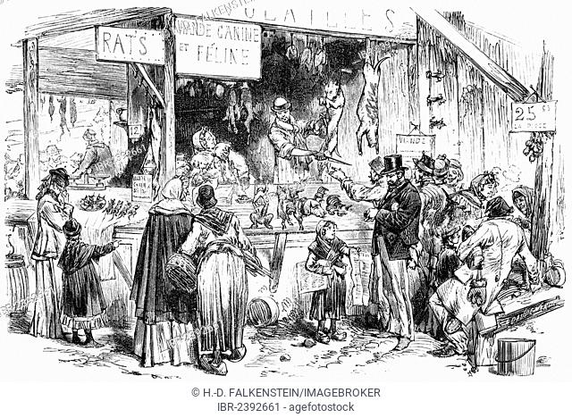 Market stall in St. Germain, slaughtered cats, rats and dogs are sold to the hungry during the German siege of Paris 1871, Paris, France