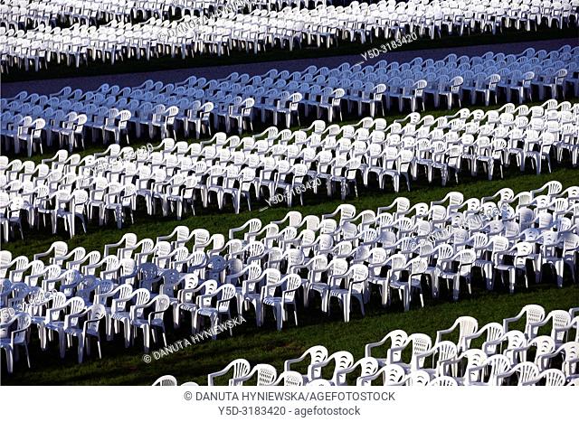 Outdoor chairs prepared for the mass, Jasna Gora - most famous Polish pilgrimage site, Sanctuary of Our Lady of Czestochowa - Queen of Poland and the Pauline...
