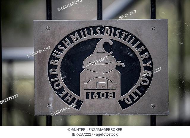 Sign, lettering The Old Bushmills Distillery, distillery, Bushmill, Coleraine, Northern Ireland, United Kingdom, Europe