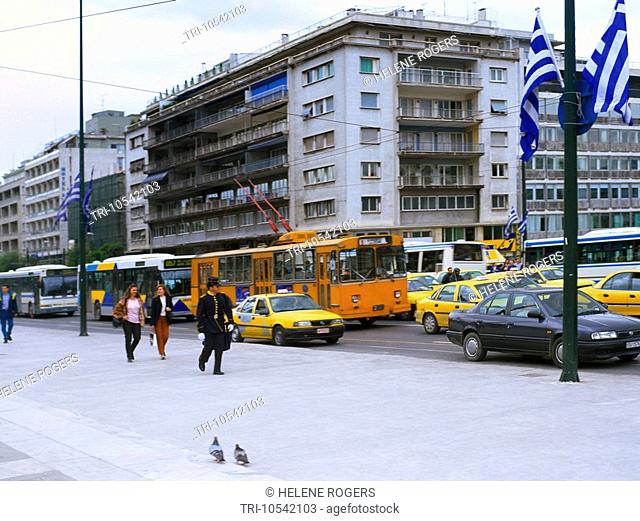 Athens Greece Syntagma Trolley Bus Taxis in Traffic