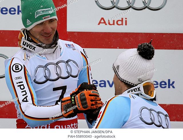 Felix Neureuter (L) and Fritz Dopfer of Germany react after the mens slalom at the Alpine Skiing World Championships in Vail - Beaver Creek, Colorado, USA