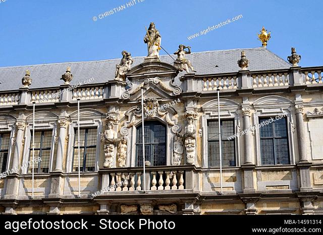 Balcony and figures at the cathedral provostry, Bruges, West Flanders, Flanders, Belgium