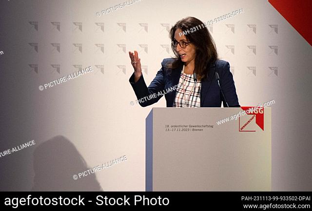 13 November 2023, Bremen: Yasmin Fahimi, Chairwoman of the German Trade Union Confederation DGB, speaks at the trade union conference of the Food