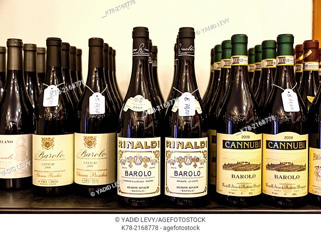 Barolo wine bottles, Barolo village, Piedmont, Italy