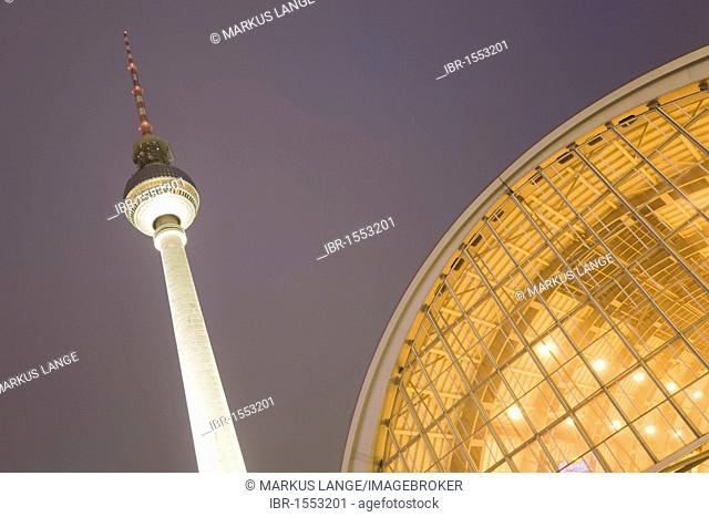 Alexanderplatz S-train station and the Fernsehturm television tower, Berlin, Germany, Europe