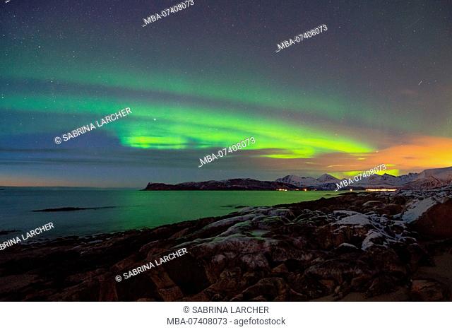 Europe, Norway, Troms, dancing Northern Lights over Kvaløya