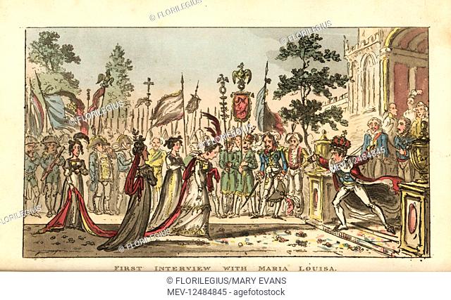 Napoleon Bonaparte's first interview with his second wife, Maria Louise, Duchess of Palma, at Compiegne, 1810. Handcoloured copperplate engraving by George...