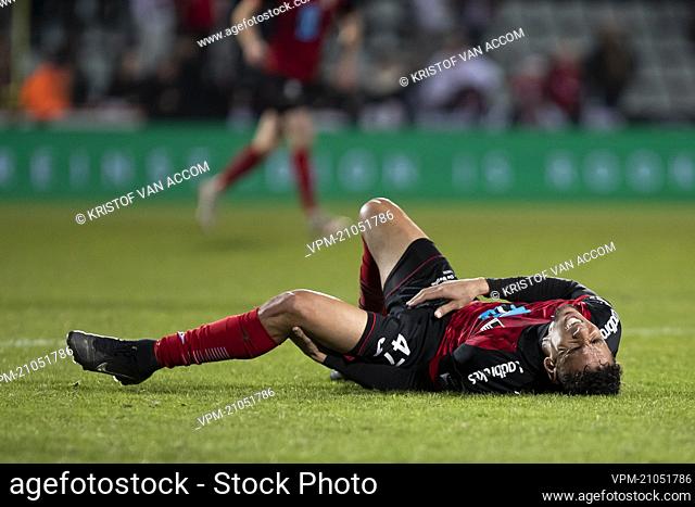 Rwdm's Igor De Camargo lies injured on the ground during a soccer match between Lommel SK and RWD Molenbeek, Saturday 12 March 2022 in Lommel