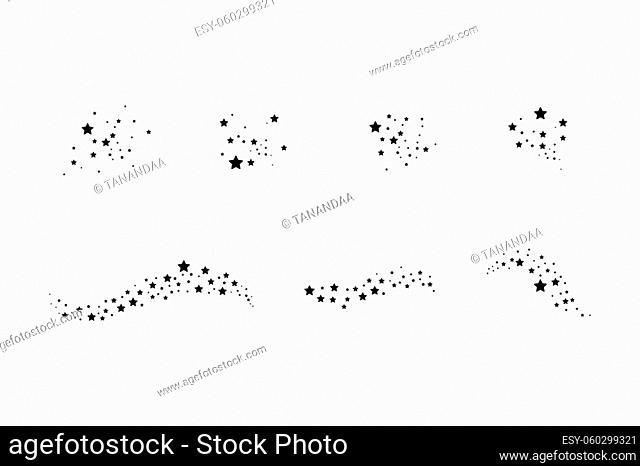 Set of black falling stars. Cloud of black stars isolated on transparent background. Vector illustration. Meteoroid, comet, asteroid, stars