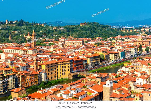 View of river Arno, Oltrarno, bridge and church Santo Spirito and San Frediano in Cestello at morning from Palazzo Vecchio in Florence, Tuscany, Italy