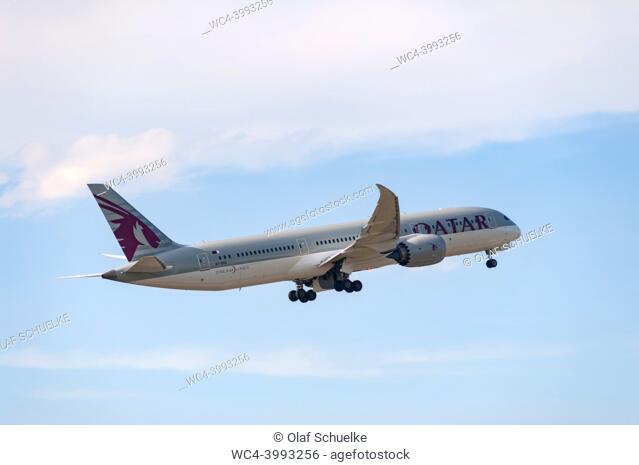 Berlin, Germany, Europe - A Qatar Airways Boeing 787-9 Dreaminer passenger aircraft with the registration A7-BHG takes off from Berlin Brandenburg Airport BER