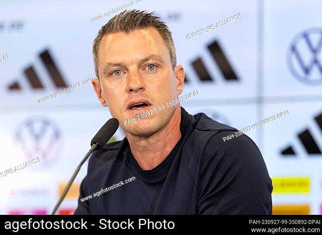27 September 2023, Hesse, Frankfurt/Main: Hanno Balitsch, member of the DFB competence team, speaks during a press conference