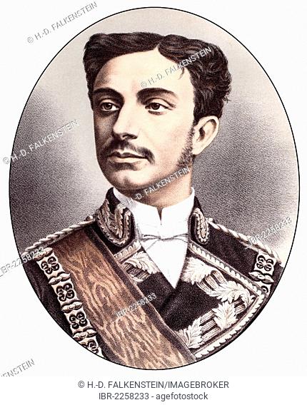 Historic chromolithography from the 19th century, portrait of Alfonso XII., also known as Alfonso Francisco de Asís Fernando Pío Juan María de la Concepción...