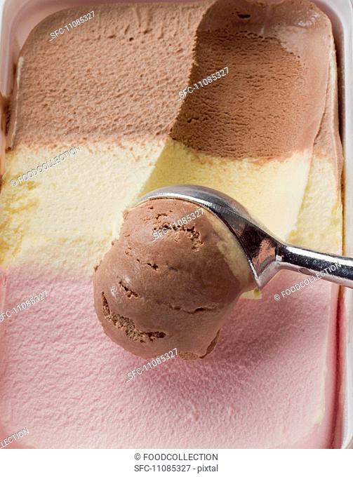 Neapolitan ice cream in a plastic box and an ice cream scoop