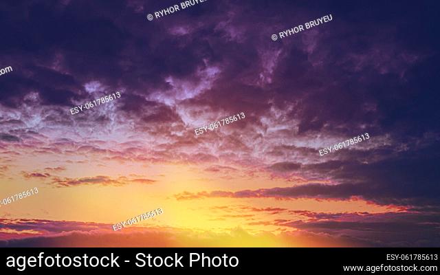 Amazing Natural Bright Dramatic Sky In Different Colours During Sunset Sunrise Time. Colorful Sky Background. Beauty In Nature