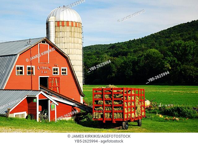 A red barn contrasted against the green hills of Southern Vermont
