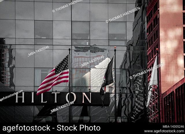 WTC CORTLANDT, New York City, NY, USA, Hilton Hotel and American Flag