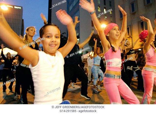 Zumba Salsa aerobics. Mayor Alex Penelas, Mayor's Health and Fitness Challenge. Flagler Street. Miami. Florida. USA