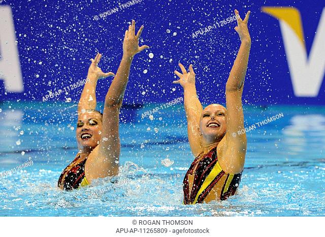 18 04 2012 London, England Mary Killman and Mariya Koroleva USA in action during the Duets Technical Routine on Day 1 of the FINA Olympic Games Synchronised...