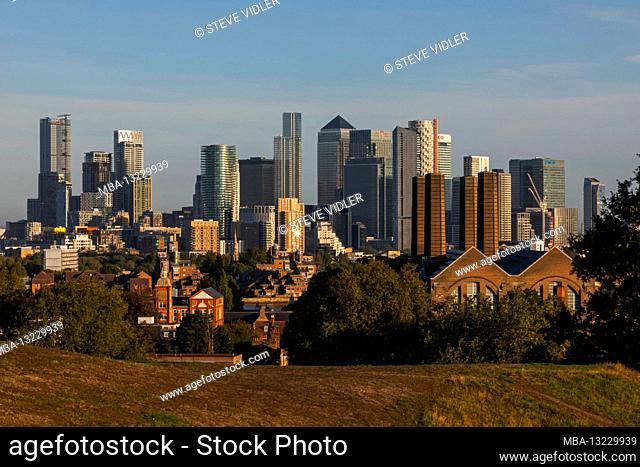 England, London, Greenwich, View of Docklands Skyline from Greenwich Park