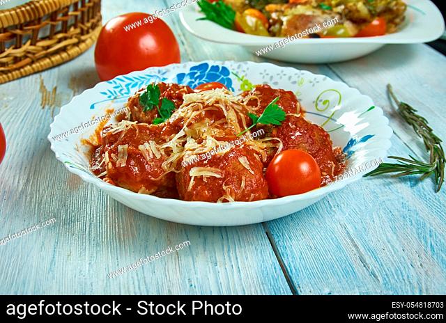 Hirshon Italian-American Meatballs cuisine, Traditional assorted dishes, Top view