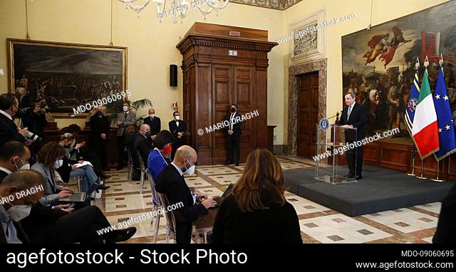 Premier Mario Draghi, in Sala dei Galeoni at Palazzo Chigi, releases statements to the press on the situation in Ukraine which has been invaded by Russia