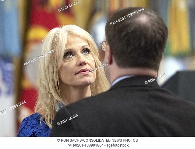 Counselor to the President Kellyanne Conway, left, in conversation with United States Secretary of Veterans Affairs Robert Wilkie prior to the arrival of US...
