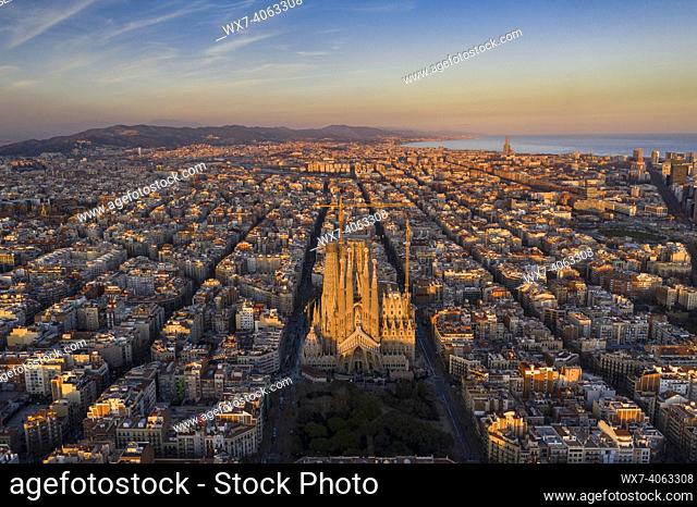 Aerial view of La Sagrada Família and Eixample octogonal grid. (Barcelona, Catalonia, Spain)
