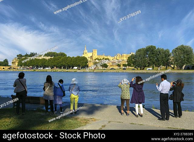Tourists looking across Rhone river to the Palais des Papes or Palace of the Popes, Avignon, Provence-Alpes-Côte d'Azur, France