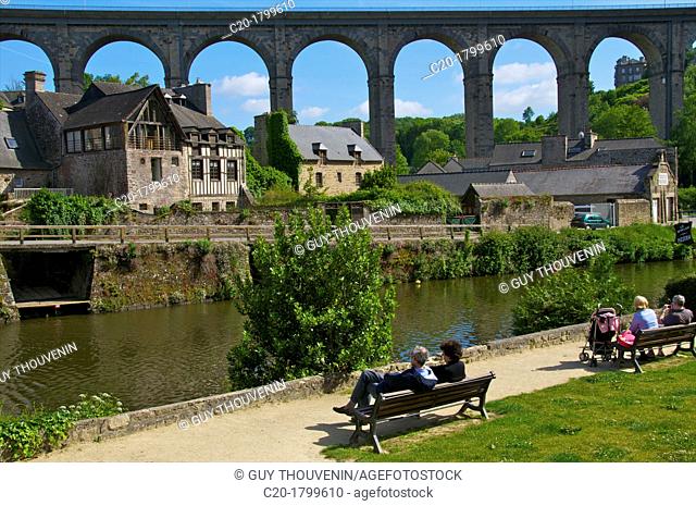 Banks of Rance river, view of old town houses, and viaduct, Dinan, Cotes d'Armor, Brittany, France