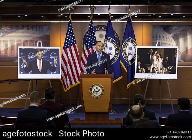 United States House Minority Leader Hakeem Jeffries (Democrat of New York) speaks at his weekly news conference in the United State Capitol in Washington, D