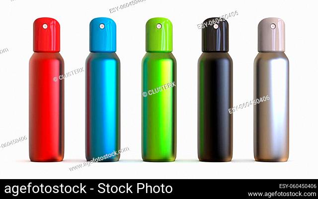 Colored blank aluminum spray cans isolated on white background. Template spray bottles for design. 3D rendering illustration