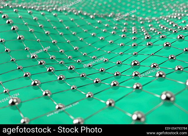 Green wireframe metallic mesh with ball wave landscape abstract background. Big data 3d render