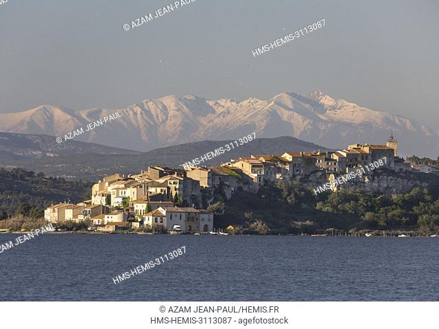 France, Aude, Bages, village, pond and the Canigou peak