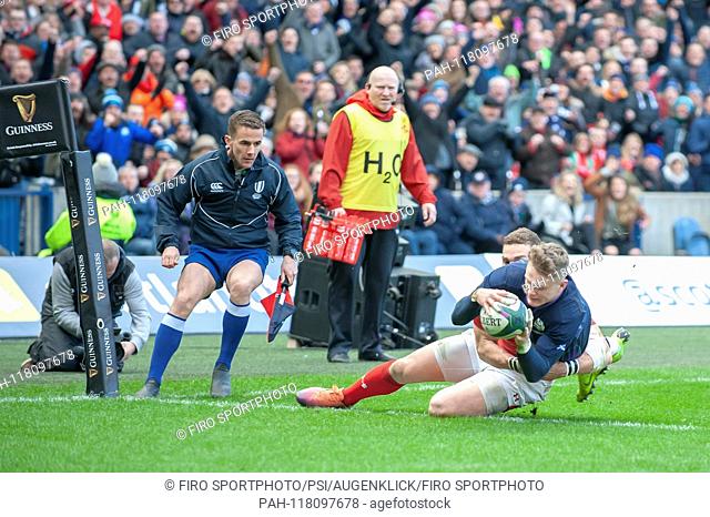 firo: 09.03.2019 Rugby, Guinness Six Nations match between Scotland and Wales at BT Murrayfield Stadium, Edinburgh, Darcy Graham (# 11) of Scotland scores a try...
