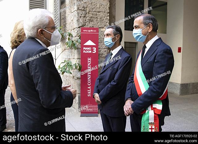 Italian Republic President Sergio Mattarella (L) with Mayor of Milan Giuseppe Sala and President of Lombardy region Attilio Fontana during the meeting with...