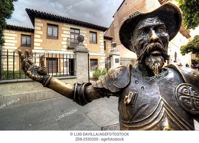 El quijote statue in front of Cervantes birth house-museum. alcala de henares. Spain. It is a monographic museum placed in Calle Mayor