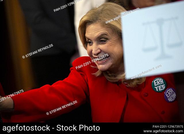 United States Representative Carolyn Maloney (Democrat of New York) waves as she arrives to a news conference on removing the deadline for ratifying the Equal...