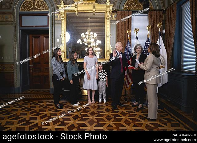 United States Vice President Kamala Harris administers the oath of office to Jared Bernstein, Chair, Council of Economic Advisors, with his wife Kay Arndorfer