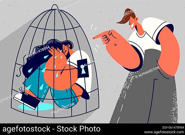 Aggressive man laughing at unhappy woman locked in cage. Unfriendly guy bully harass upset crying girl sitting in imprisonment. Vector illustration