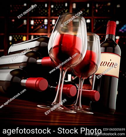 Wine bottles, and glasses on winery table. 3D illustration